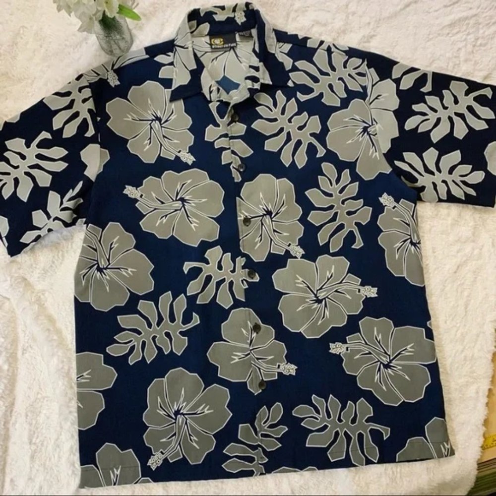Street Culture Men’s Button Down Hawaiian Shirt Navy Gray Sz L